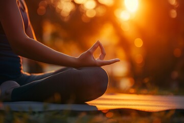 Back light of a woman's hands exercising yoga at sunset outdoors, a woman doing yoga at the sunset in outdoors, a woman doing yoga outdoors, yoga, a woman doing yoga, health concept background, health - obrazy, fototapety, plakaty
