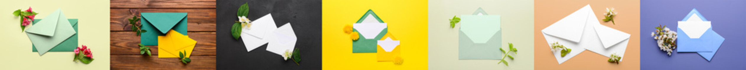 Collage with envelopes and flowers on color background, top view