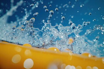 Water Splashing Over Yellow Surface In Blue Water With Air Bubbles - obrazy, fototapety, plakaty