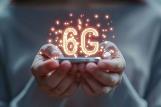 Glowing 6G network technology icon over a smartphone in female hand on blurred background