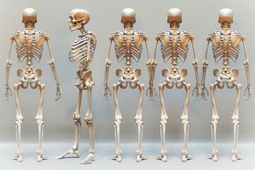 Multiple Human Skeletons of Various Sizes Standing in a Row on a Light Background