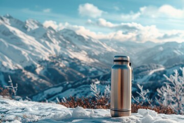 Silver metal thermos bottle with black lid on snowy background with mountains. - obrazy, fototapety, plakaty
