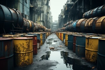 Industrial Oil barrels metal row. Ecology hazard. Generate AI - obrazy, fototapety, plakaty