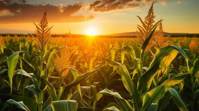  Corn cobs in corn plantation field with sunrise background (