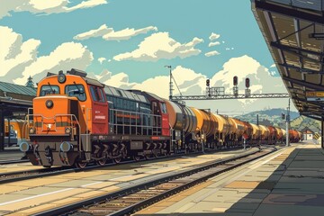 Fototapeta premium Bright Colorful Train Station with Yellow Train and Blue Sky and Countryside in Background