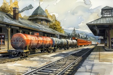 Retro red train at the station with a beautiful landscape painting in the background