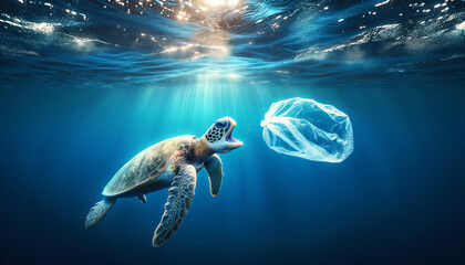 海の漂うビニール袋のゴミを食べてしまうウミガメ - obrazy, fototapety, plakaty