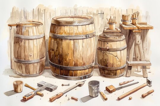 Old cooperage with a large wooden barrel in the center and various cooper tools lying around