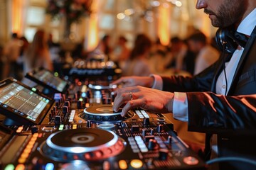 Male DJ Performing High-Energy Set with Modern Turntable at Nightclub - obrazy, fototapety, plakaty