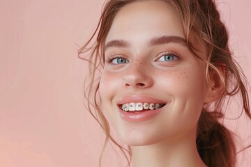 Naklejka premium Close-up portrait of a woman with a confident smile, wearing braces.