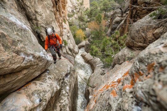 Thrilling Adventure Rock Climber Descending Steep Canyon Wall with Safety Gear