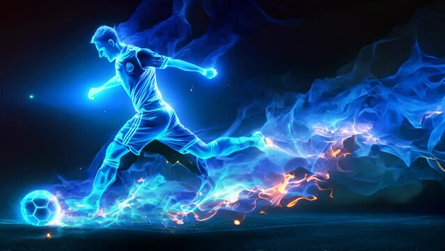 GPT Energetic soccer player with ball, fiery and electric visual effects