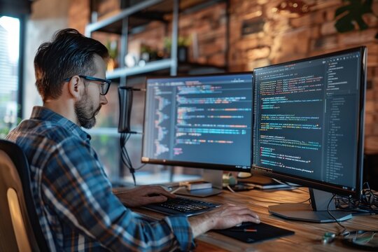 Male programmer working on computer screens with programming code, high quality photo in office