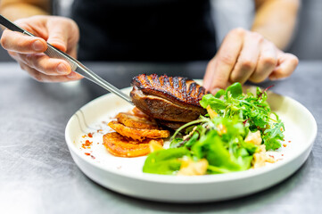 A meticulous chef artfully plates a grilled steak with roasted vegetables and fresh salad,...