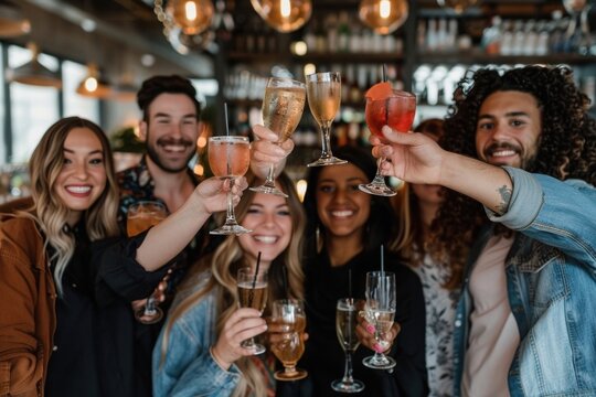 Diverse group of friends toasting with drinks in a bar or restaurant