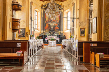 Fototapeta na wymiar Ancient catholic church in Nesvizh. Interior view.