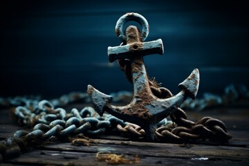 Monumental Old ship anchor on blue marine background. Nautical boat equipment for water navigation....