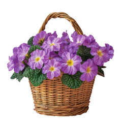 Fototapeta na wymiar transparent background accentuates purple flowers in wicker basket