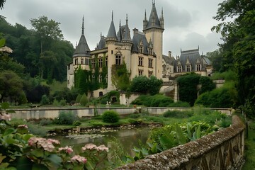 Fototapeta na wymiar : A majestic castle on a hill surrounded by a moat and a lush garden