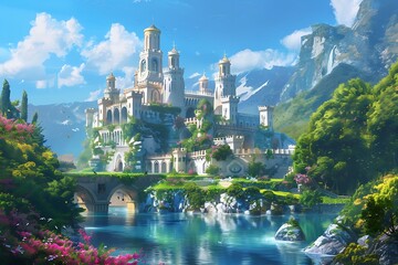 : A majestic castle on a hill surrounded by a moat and a lush garden - Powered by Adobe