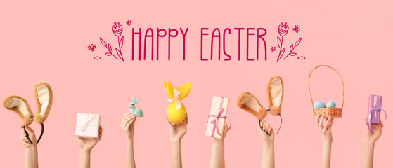 Festive banner for Happy Easter with hands holding bunny ears, gifts and eggs