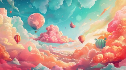 Colorful hot air balloons floating among vibrant pink clouds under a pastel blue sky in a...