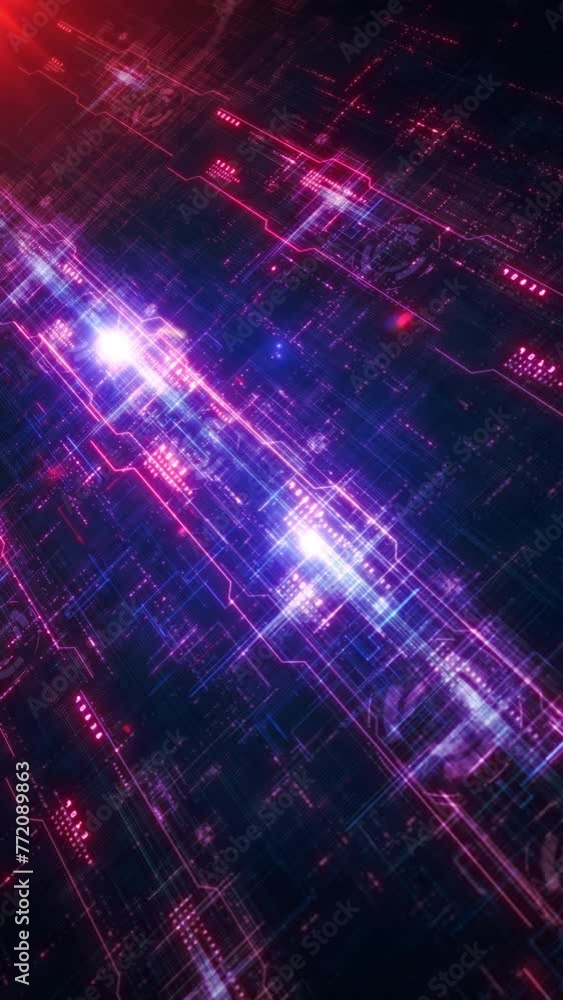 Poster abstract digital circuit board with luminous lines, vivid digital circuit board with glowing neon li