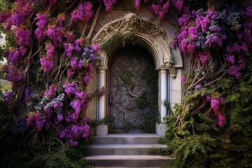 Fototapeta na wymiar Mesmerizing Purple fairy door flowers. Castle house. Generate Ai