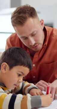 Father, son and creative with coloring in home for homework, learning and education with helping or support. Family, man and boy child for drawing in art book with crayons, knowledge and teaching