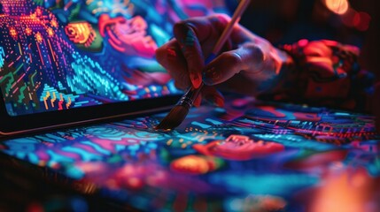 Artist's hand painting vibrant digital art on a tablet with illuminated colorful abstract background, creativity merging with technology.