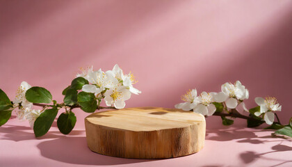 Wooden podium display for presentation. Natural pedestal with flowers and leaves, pink background.