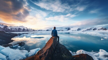 A man sits on a rock overlooking a large body of water - Powered by Adobe