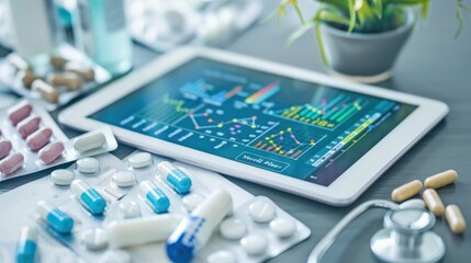 A tablet displaying financial graphs among various pills and capsules with a stethoscope, suggesting a focus on healthcare and pharmaceuticals investments.