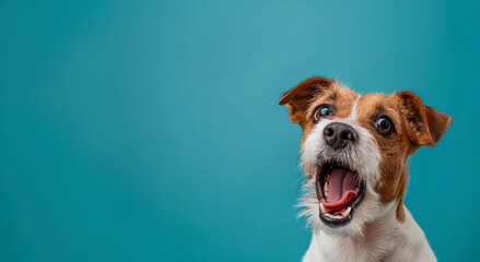 A dog with its mouth open and tongue out, looking at the camera. The dog appears to be happy and...