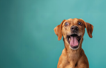 A dog with its mouth open and tongue out, looking at the camera. The dog appears to be happy and excited. Surprised shocked dog with open mouth and big eyes isolated on flat solid background - obrazy, fototapety, plakaty