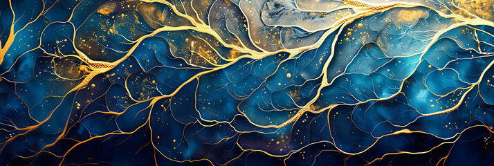 Abstract Ocean Depths: A Textured Painting with Layers of Blue and Gold, Capturing the Mystical Essence of the Seas Surface - obrazy, fototapety, plakaty