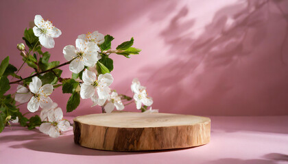 Wooden podium display for presentation. Natural pedestal with flowers and leaves, pink background.