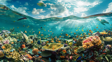 Underwater paradise captured at the split line with a vibrant coral reef bustling with marine life and a sunlit sky above