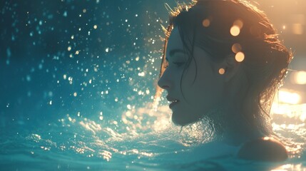 Woman enjoying a serene swim at night, water sparkling around her under ambient light with a peaceful expression. - obrazy, fototapety, plakaty