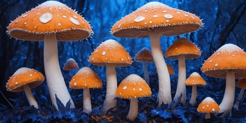 Magic mushrooms on a blue background. Fairytale magical forest. Cartoon, psychedelic picture.