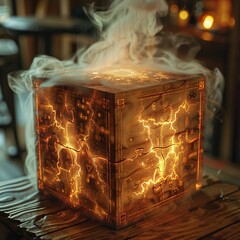 Intricate wooden puzzle box emitting soft, colorful smoke, mystic symbols, warm light, enigma , professional color grading - obrazy, fototapety, plakaty