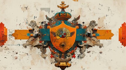 Stylized coat of arms with abstract elements, orange accents, and a central shield featuring a...