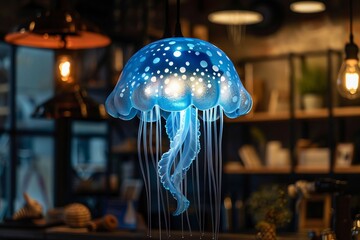 Luminous jellyfish shaped pendant lamp, floating, serene blue light, underwater effect, cozy , clean sharp - obrazy, fototapety, plakaty