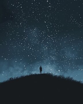 Lone figure gazing at stars, clear night, high contrast, thinking of business dreams, serene , Prime Lenses