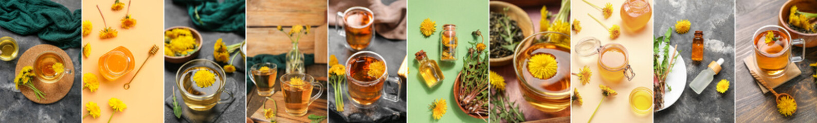 Set of healthy dandelion tea, honey and bottles of essential oil on table