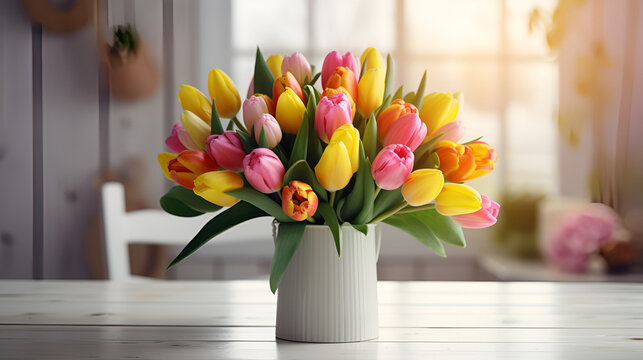 Holiday spring background. Colorful tulip flowers on white wooden backdrop. Greeting card with copy space for Valentine's Day, Woman's Day and Mother's Day. Top view.