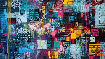 Colorful graffiti wall with a mix of abstract patterns, geometric shapes, and obscured text,...