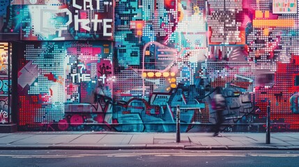 A vibrant street scene featuring colorful graffiti art on urban walls with a pedestrian in motion, blurring across the view.