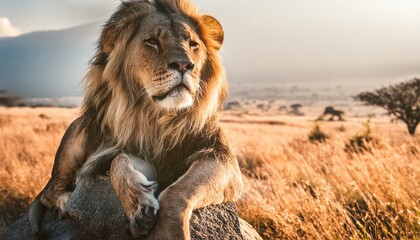 Highly detailed nature film photograph of a lion relaxing on a rock in the savanna. Late afternoon,...