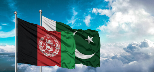 Afghanistan and pakistaN national flag cloth fabric waving on beautiful cloudy Background.